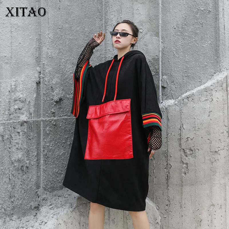XITAO Streetwear Dresses for Women Plus Size Bat Sleeve Hooded Dress Trend Wild Stitching Big Pocket Autumn New 2020 XJ5133 | Женская
