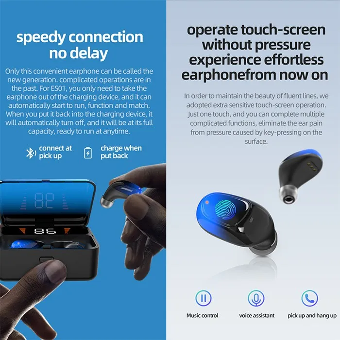 ES01 TWS Bluetooth наушники V5.0 Touch беспроводные наушники 9D стерео спортивные водонепроницаемые гарнитура громкой связи Мощный светодиодный дисплей