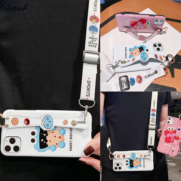 Cute Cartoon Sesame Street Elmo Cookie Wrist strap bracket Phone Case For iPhone 6 6s 7 8 11 Pro X XS Max XR With Lanyard Cover |