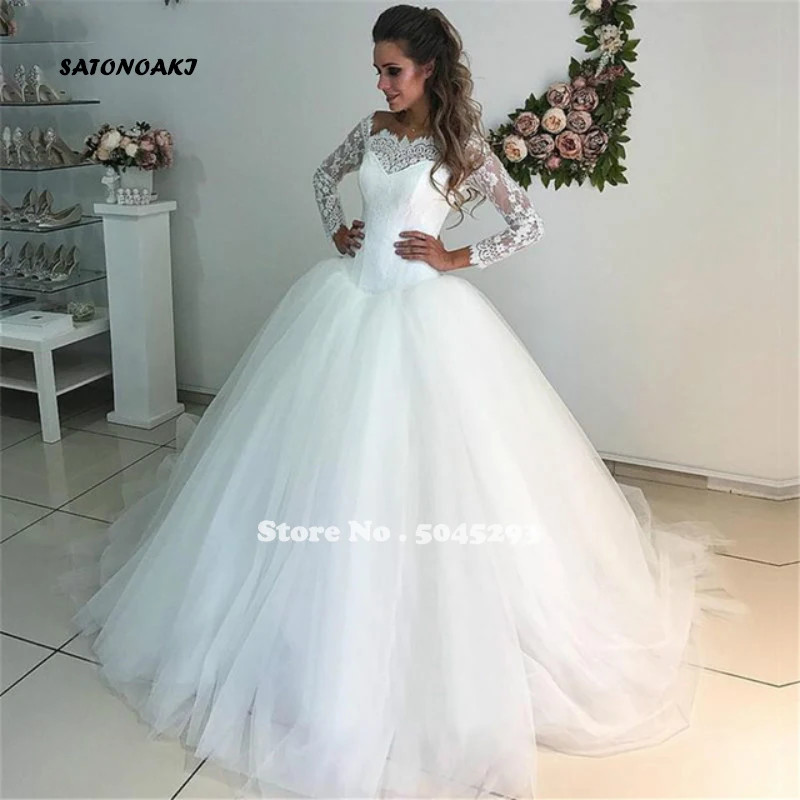 

SATONOAKI 2020 Long Sleeve Wedding Dresses Hot Selling Lace Tulle White Princess Bridal Dress Custom Made Vestido De Mariage