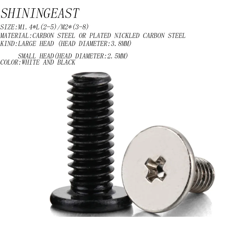 

100pcs/lot M1.4*L(2-5)M2*(3-8)plated nickled carbon steel phillips large small flat head flat tail small electronic screw1005
