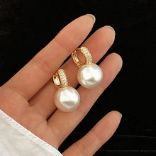 New Trendy Pearl Hoop Earrings for Women Accessories Korean Fashion High Quality Charming Temperament Jewelry Shiny AAA Zircon