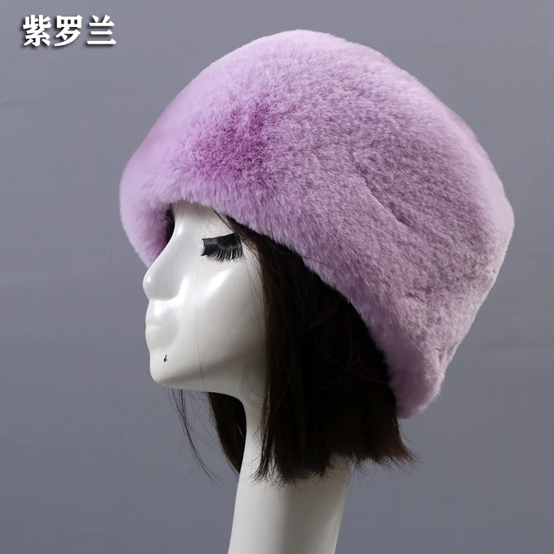 Шапка из искусственного меха кролика Рекс, шапка из искусственной шерсти, японский стиль, пушистый помпон, меховая бархатная шапка-бомбер, разноцветная зимняя теплая меховая шапка - Цвет: violet