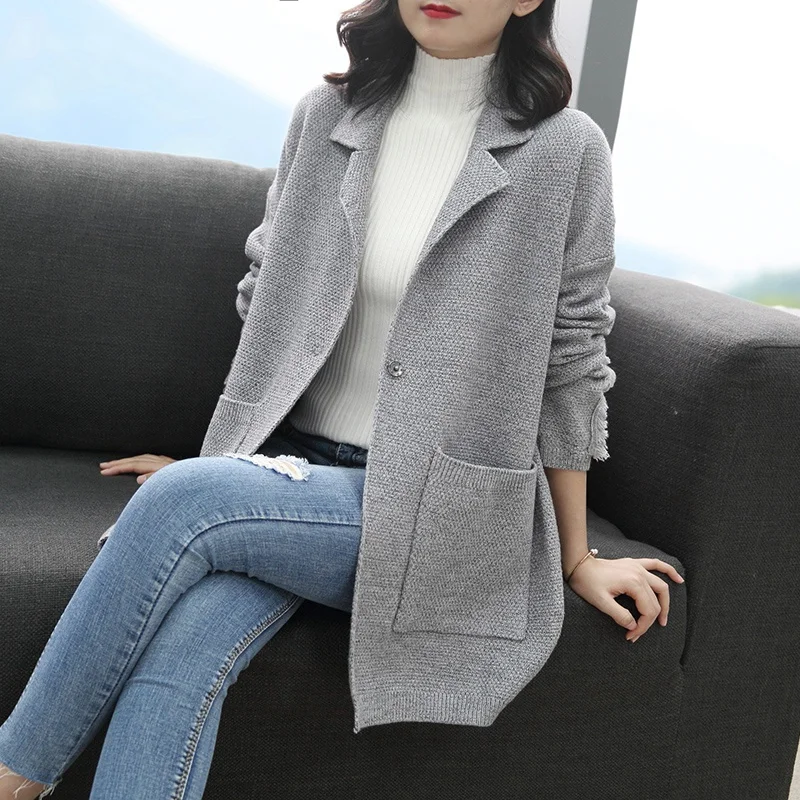Вязаный кардиган женский с карманами свитер куртка-m0570-9276 - Цвет: gray