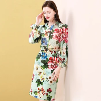

Silk Two Pieces Set Printed Pattern Turn-down Neck Long Sleeve High Quality Silk Blouse Woman Silk Skirts Womens New Fashion Sty