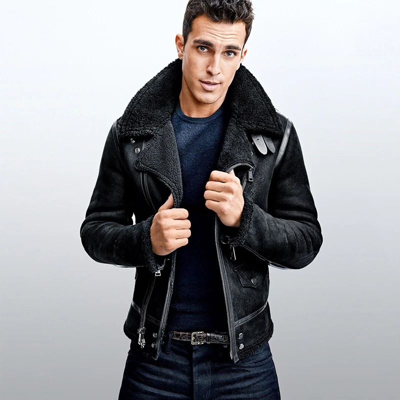 

Free shipping.winter warm mens biker wool fur Jacket,classic B3 vintage genuine Leather jacket.thick sheepskin shearling coat.