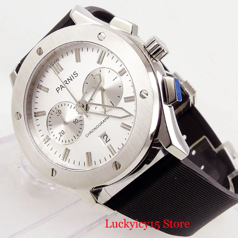 

Quartz Men Wristwatch 44mm SS Case Chronograph Function White Dial PARNIS Brand Watch