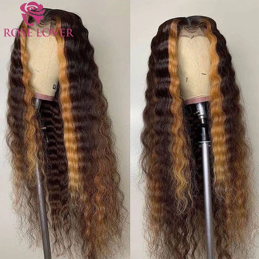 Curly Wig Highlight Human-Hair Loose-Wave-Wig Honey-Blonde Lace-Front 28inch Black-Women