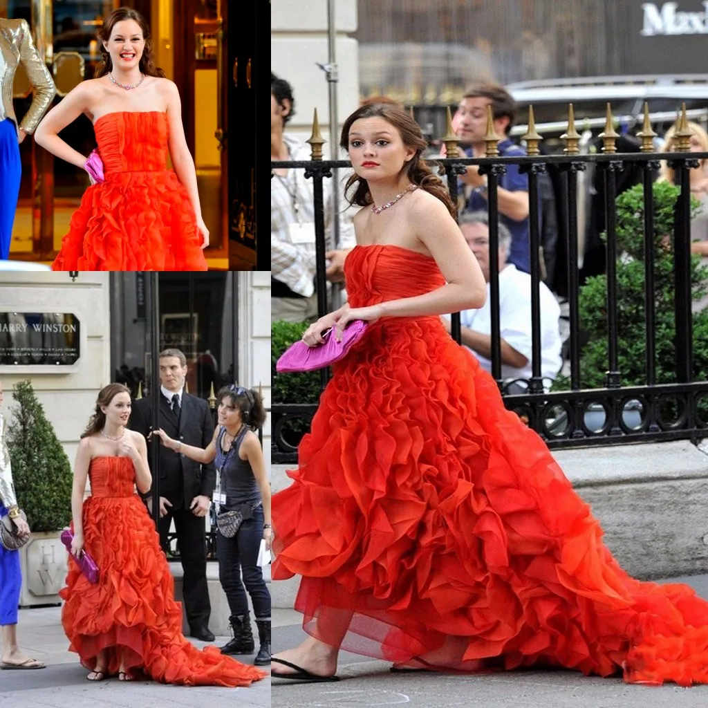 Gossip Girl Blair Dresses Red Draped Organza Evening Dresses Strapless Sleeveless vestidos de celebridades Celebrity Dresses evening wear