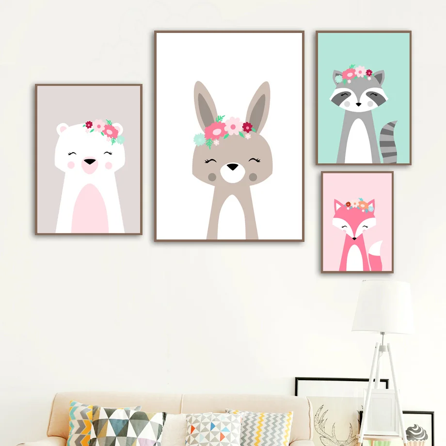 Wall Art Canvas Painting Cute Animals Bunny Bear Fox Raccoon Nordic Posters And Prints Cartoon Pictures For Kids Room Deco | Дом и сад