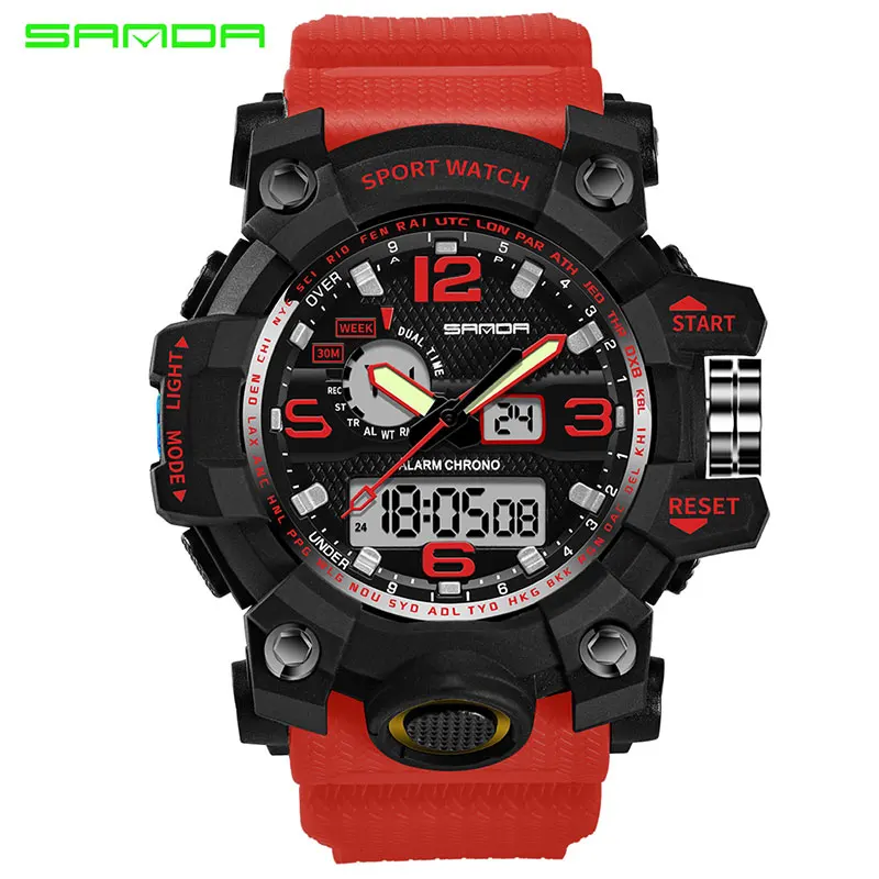 black red Новинка, мужские спортивные часы, ремешок из смолы, двойной дисплей, водонепроницаемые, Автоматическая Дата, многофункциональные Мужские кварцевые часы, Relogio Masculino - Цвет: black red