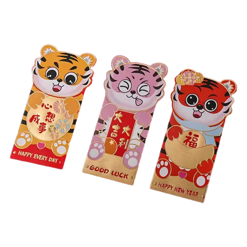 Y8AB 3pcs 2022 Chinese New Year Red Envelopes Cute Tiger Lucky Money Pockets Spring Festival HongBao for Birthday Wedding |