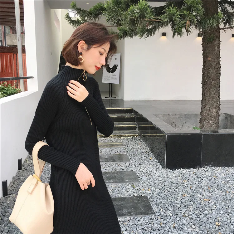 Шикарное южнокорейское Dongdaemun осеннее и зимнее свободное кольцо на молнии с высоким воротником Exta-long вязаный свитер платье