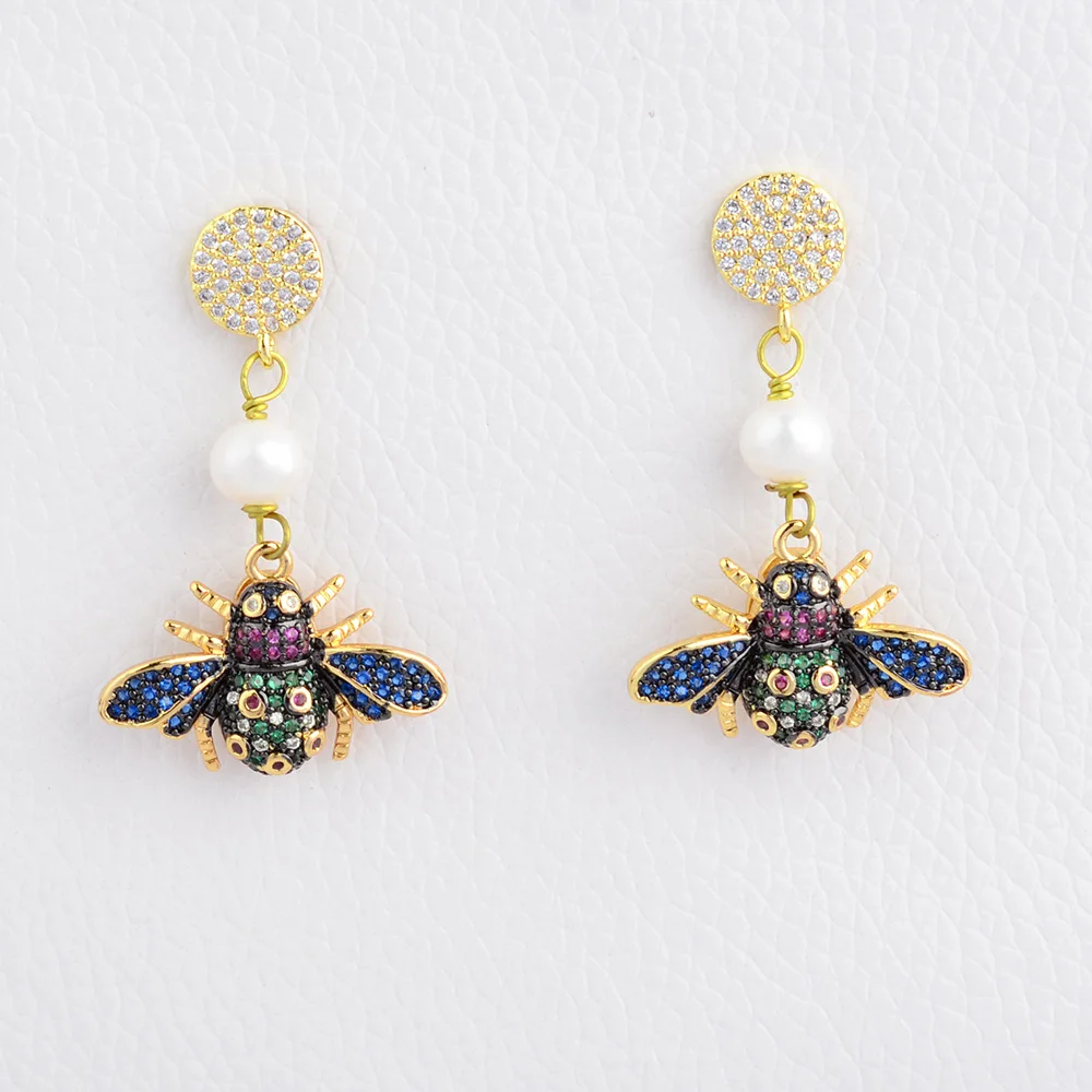 White Pearl Mixed Color Insect CZ Stud Earrings