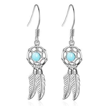 

Dream Catcher Feather Tassel Statement Long 925 Sterling Silver Earrings For Women 2020 Blue Beaded Bohemian Indian Jewelry Gift