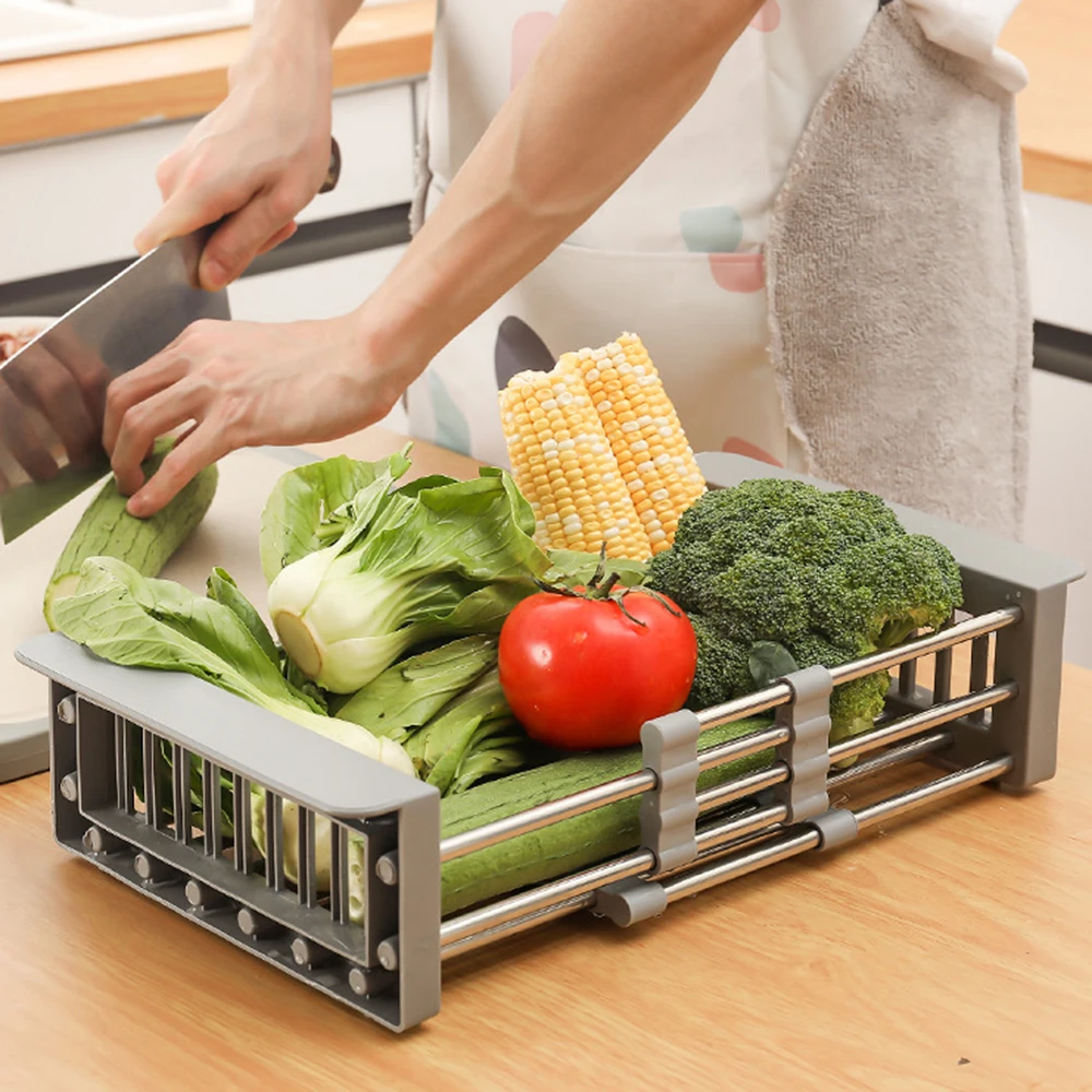  LUEXBOX Expandable Dish Drying Rack Over The Sink, Stainless  Steel Drainer Basket with Adjustable Arms for Vegetable and Fruit (Grey)