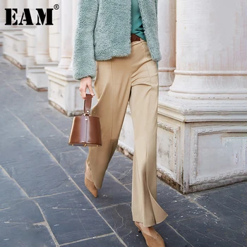 

[EAM] High Waist Khaki Vent Split Jont Long Wide Leg Trousers New Loose Fit Pants Women Fashion Tide Spring Autumn 2020 1N353