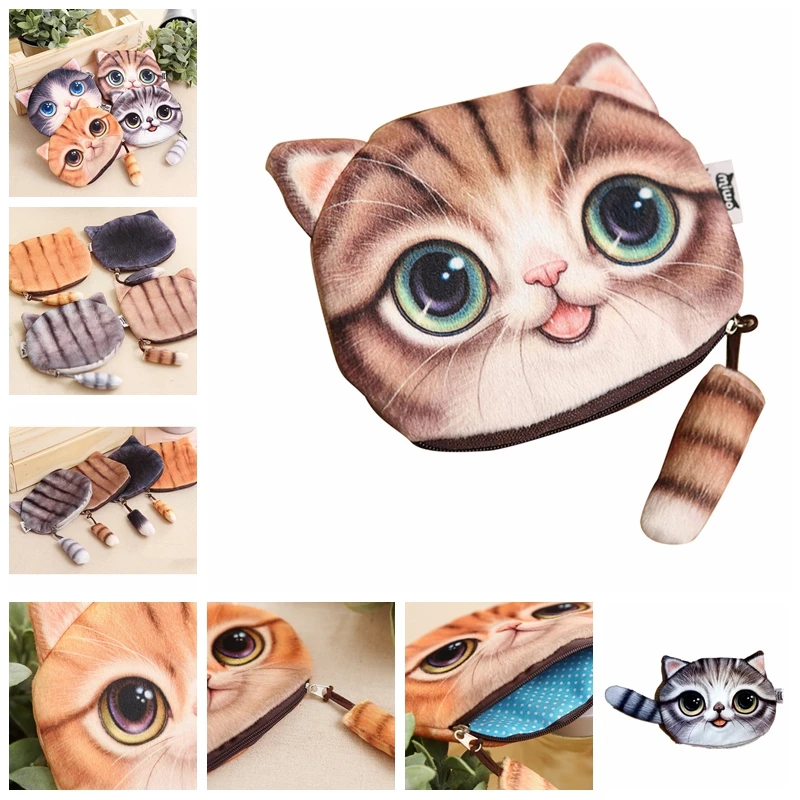 1 шт. 13*16 см 3D Kawaii кошка лицо Женщины Девушки плюшевый Кошелек Чехлы Милая монета с изображением животного кошелек