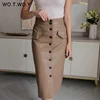WOTWOY Elengant High Waist Leather Penci Skirt Women Multi Button Wrapped Skirts Mujer Faldas Solid Pockets Femme Jupes New 2020 1