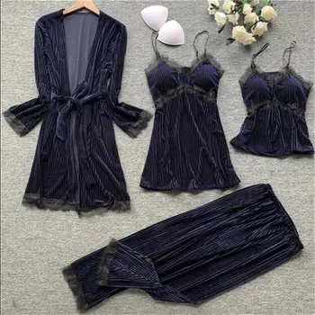 

Velvet Pajamas Women Autumn And Winter Sexy Pajamas Four-piece Korean Velvet Thick Long-sleeved Home Service With Chest Pad Blue