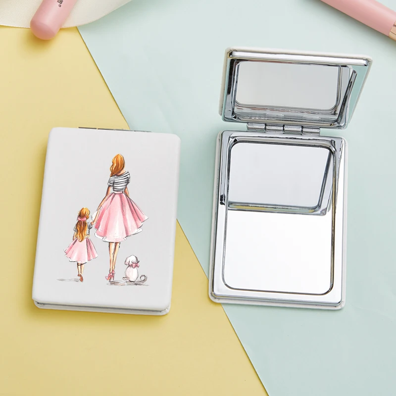 Mom And Baby Pattern 2X Mirror Lovely Personality Portable Round Mirror Mini Makeup Mirror Stylish Gift 5