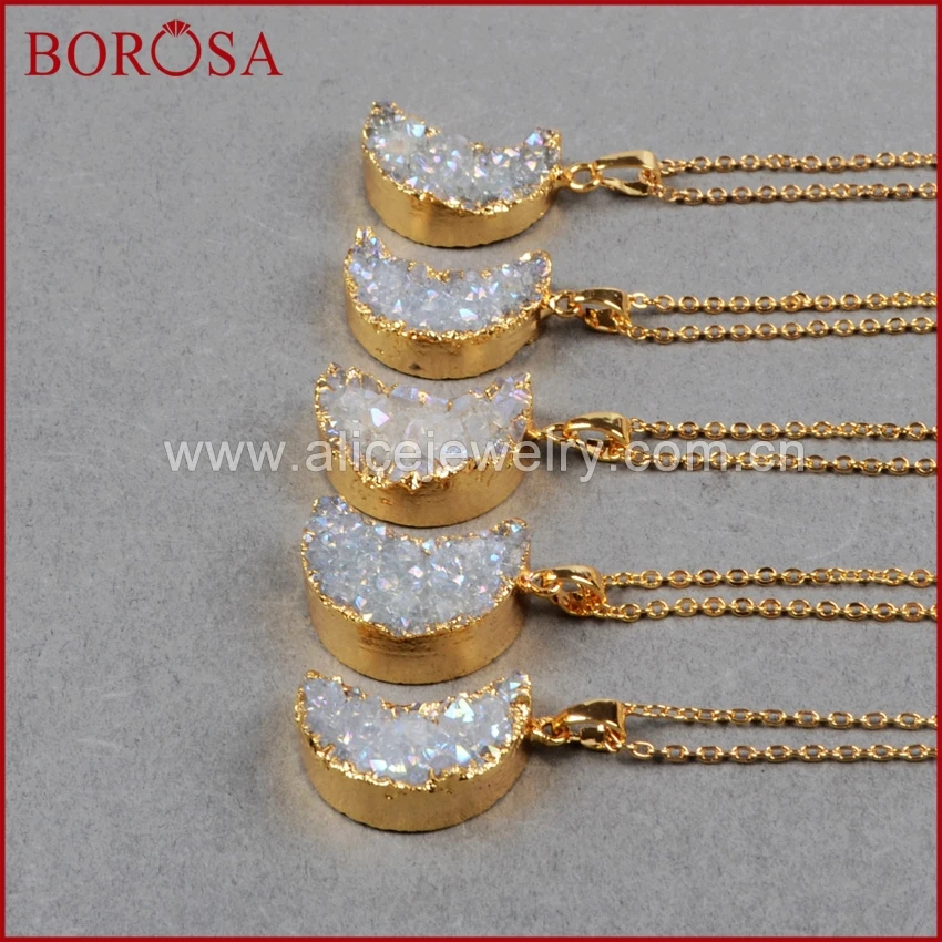 BOROSA 5 шт. золотые цвета в форме Луны Кристалл Друза кулон ожерелья Агаты Drusy AB для