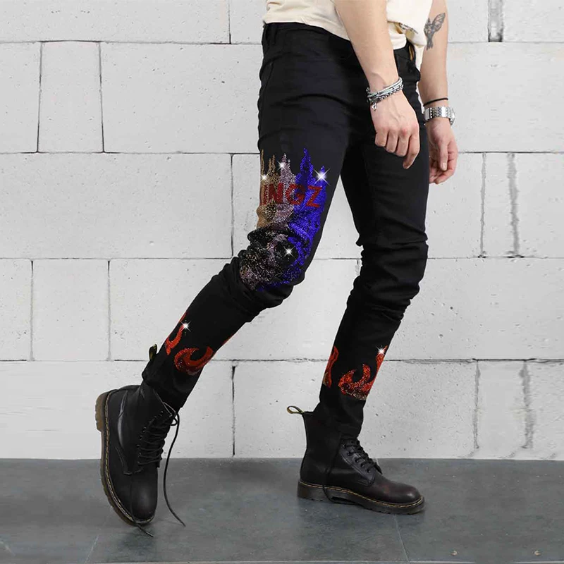 Mans Stretchy Black Jeans Skinny Slim Fit Hot Drill Punk Streetwear Biker Trousers Man Rhinestone Hole Letter Denim Pencil Pants