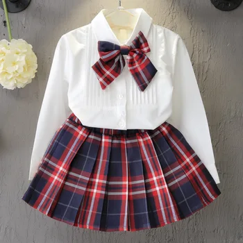 

Kids Girls Clothing Set Red Plaid Princess Formal Tshirt+skirt Long Sleeve Waistband Clothes Outfit Sets Turn-down Collar