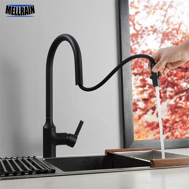 Hidden Aerator Pull Out Kitchen Faucet Matte Black & Chrome Kitchen Sink Water Mixer Tap Single Hole Basin Brass Faucet