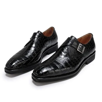

Men Crocodile PU Leather Shoes Low Heel Shoes Buckle Dress Shoes Brogue Shoes Spring Ankle Boots Vintage Classic Male F58-1