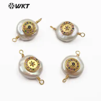 

WT-MC273 WKT Natural Pearl＆CZ Pave Circular Exquisite Colorful Connector Double Hoops Women Fashion Necklace Pendant Jewelry