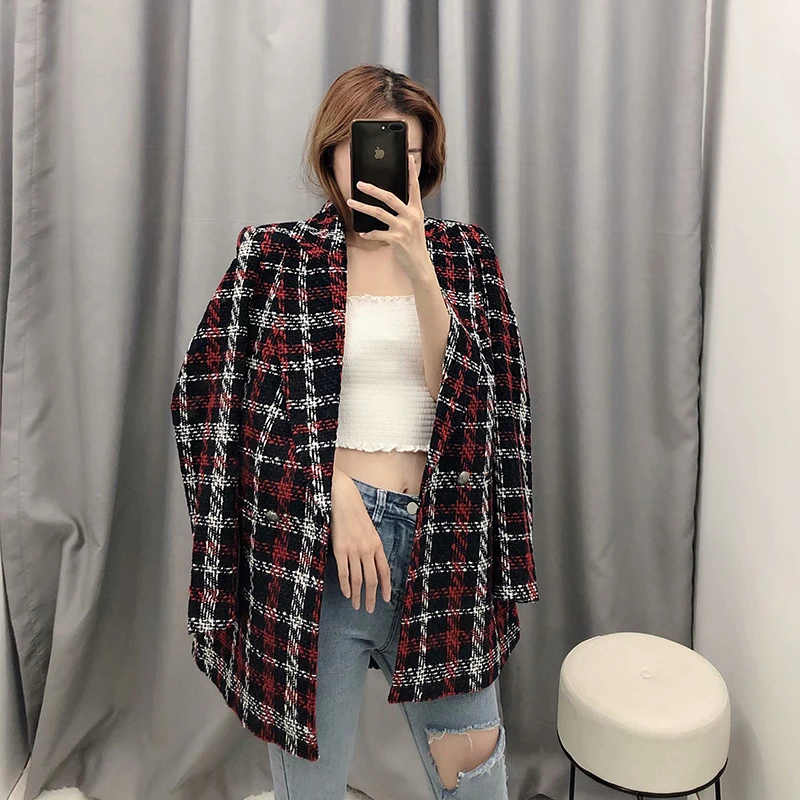 Plaid Printed Blazer Vintage Women Winter Warm Jacket Elegant Double Breasted Suit Blazer Ladies Outerwear Wool Blend Coat