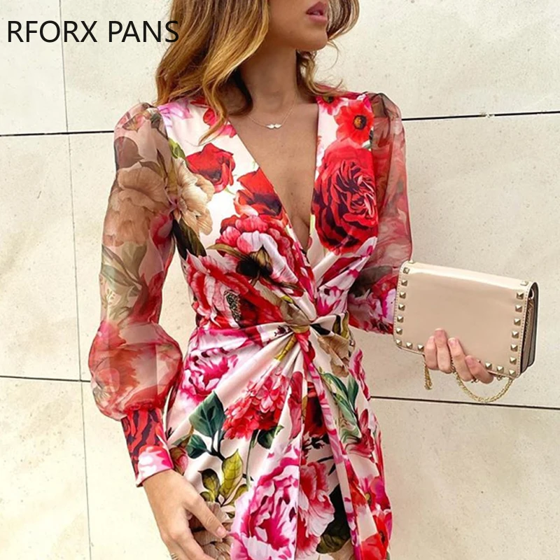Mesh Floral Print Twisted Waist Midi Dress Elegant Night Out Bodycon Party Dress