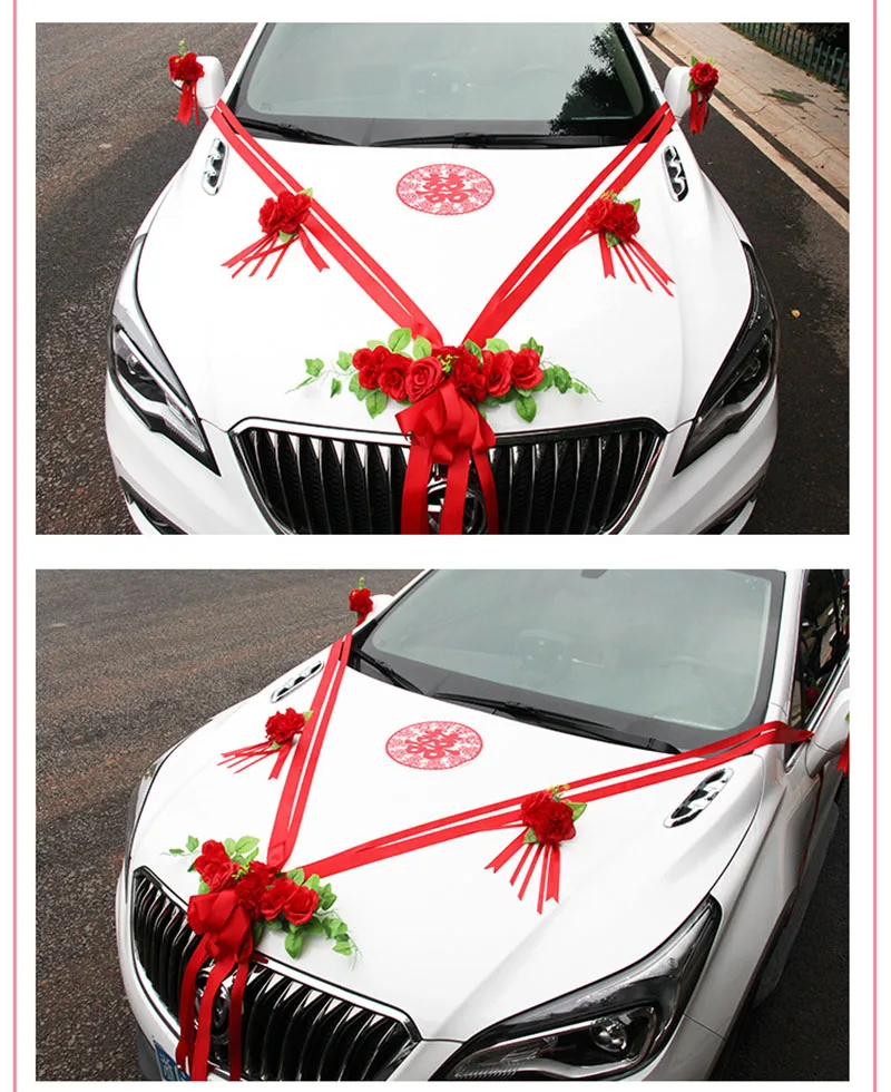 Decorazione Auto Matrimonio Con Fiori Di Seta - 2 Ghirlande 180cm, 4 Fiocchi E Ventose, Per Auto Nuziale - Foto 5