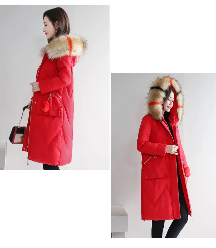 Large Fur Collar Cotton-padded Clothes Women's Winter New Style Korean-style Large Size Thick Warm Waist Hugging Mid-length