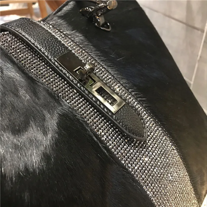 Horse Hair Rhinestone Woman Handbag Genuine Leather Totes Diamond Shoulder Bag Anti-theft Lock Buckle Winter Fur Bags New