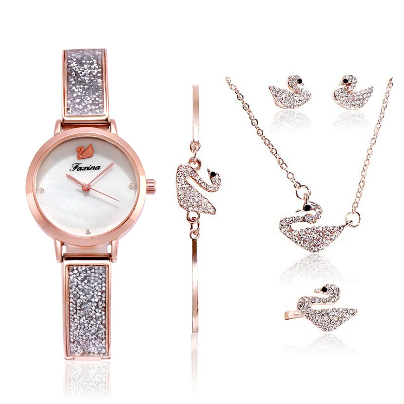 

New Fashion Brand Women Quartz Watch Crystal Design Bracelet Necklace Set Female Jewelry Set Creative Quartz Watch Wife's Gift