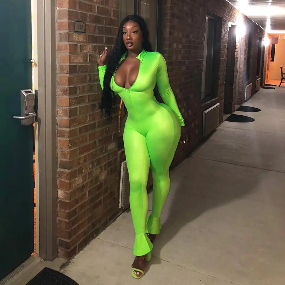 

BKLD Solid Sexy Bodycon Jumpsuit Romper Long Sleeve Bodysuit Women Zipper V Neck Jumpsuit Elegant Flare Pants 2023 Spring New