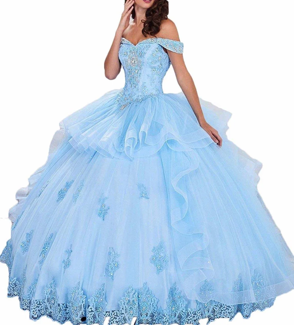 picture color Бальные платья с открытыми плечами и аппликацией из бисера vestidos de 15 anos со складками многоуровневый органза платья для выпускного вечера - Цвет: picture color