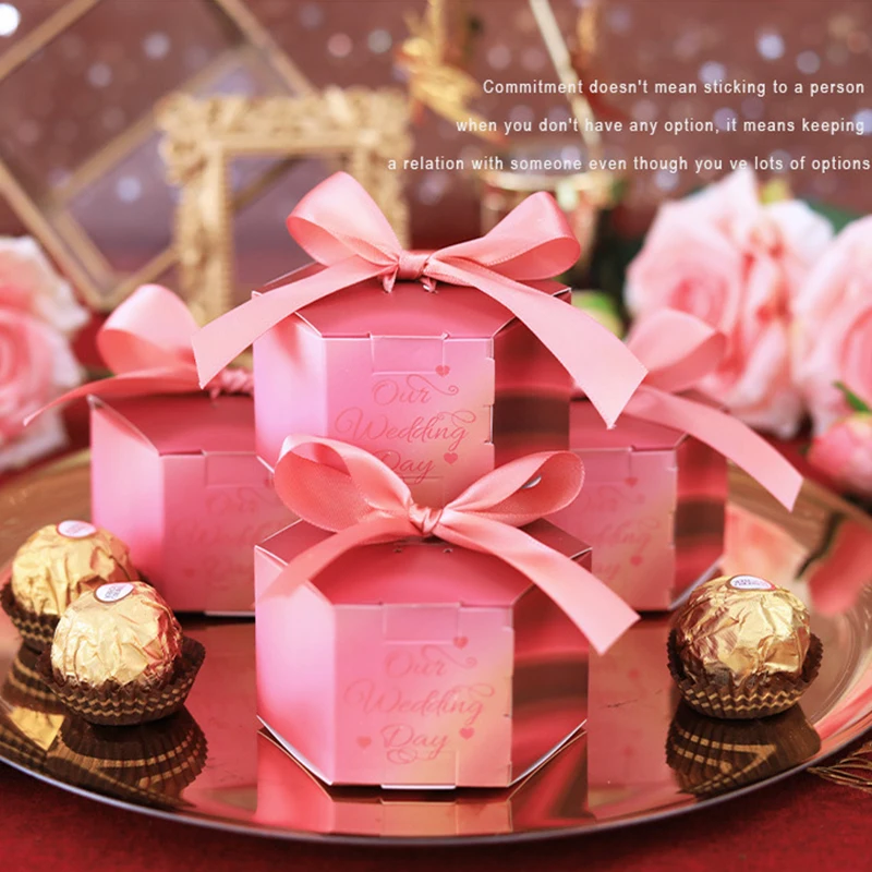 

10PCS Creativity Candy Box Hexagonal Carton Wedding Gift Favor Boxes Party Candy Box Packaging With Ribbon