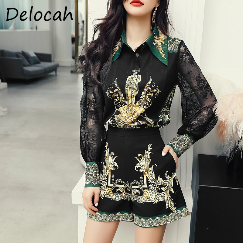 

Delocah Women Autumn Fashion Runway Shorts Sets Loose Lantern Sleeve Tops + High Waist Printed Shorts 2 Two Pieces Suits 2020