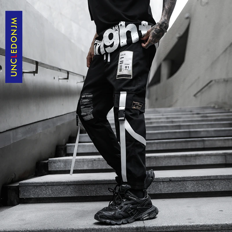 

UNCLEDONJM Japanese Side Ribbons Cargo Harem Pants Mens Casual Jogger Streetwear Hip Hop Streetwear Trousers Male Pants K811