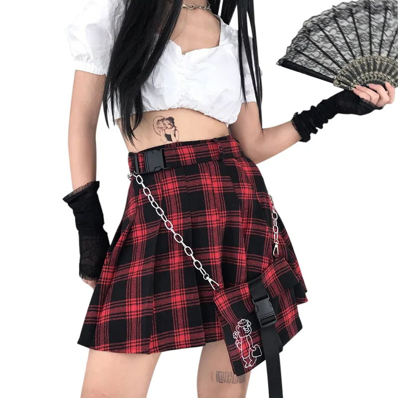 Женская плиссированная юбка Harajuku красная клетчатая мини с карманами и высокой