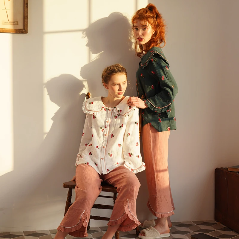 

Spring all cotton color printing wide sleeve lace collar lovely idyllic style pajamas can be wear outdoors
