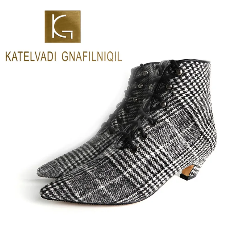 

KATELVADI Womens Ankle Boots Lattice Flock 3CM Medium Heel Lace Up Boots With Short Plush Lining Warm Winter Boots K-495