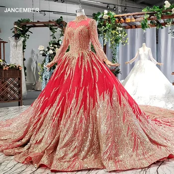 شراءHTL795 مسلم فستان الزفاف مع الزفاف الحجاب الديكور نمط عالية الرقبة طويلة الأكمام الذهبي الدانتيل ثوب زفاف الأحمر Vestido Novia