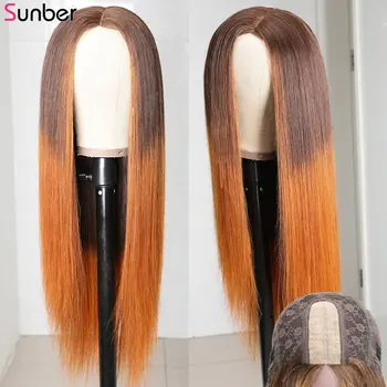

Sunber Straight PU Silk Base Wig 150% density Long Remy No Glue Omber Long Human Hair Wig 4x2 Silk Base Peruvian Wig