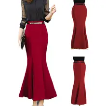 Модная красная женская сексуальная юбка с рыбьим хвостом, облегающая макси юбка с оборками для фитнеса, юбки с высокой талией, длиной до щиколотки, осенняя L-2XL