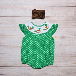Vêtements d'été pour filles, imprimé de points blancs, vert sans manches, motif brodé de trois canards, barboteuse pour bébés 