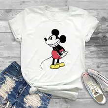 

Disney Women T Shirt Kawaii Vintage Mickey Print Summer Funny O-Neck Short Sleeve T-Shirts Female Clothing White Tops Tee Ladies